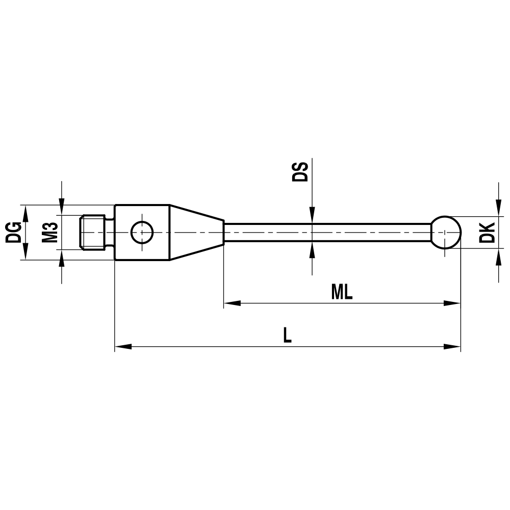 ITP Straight Styli - Type A - Silicon Nitride Ball - M3 Thread x 42.5mm Overall Length - THM3S5004042