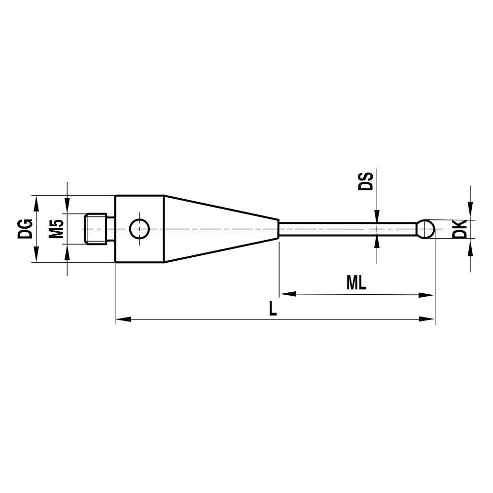 ITP Straight Styli - Type A - Ruby Ball - M5 Thread x 75.35mm Overall Length - THM500710075