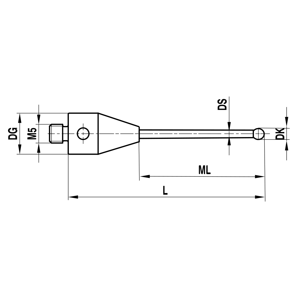 ITP Straight Styli - Type A - Ruby Ball - M5 Thread x 28.75mm Overall Length - THM501512028
