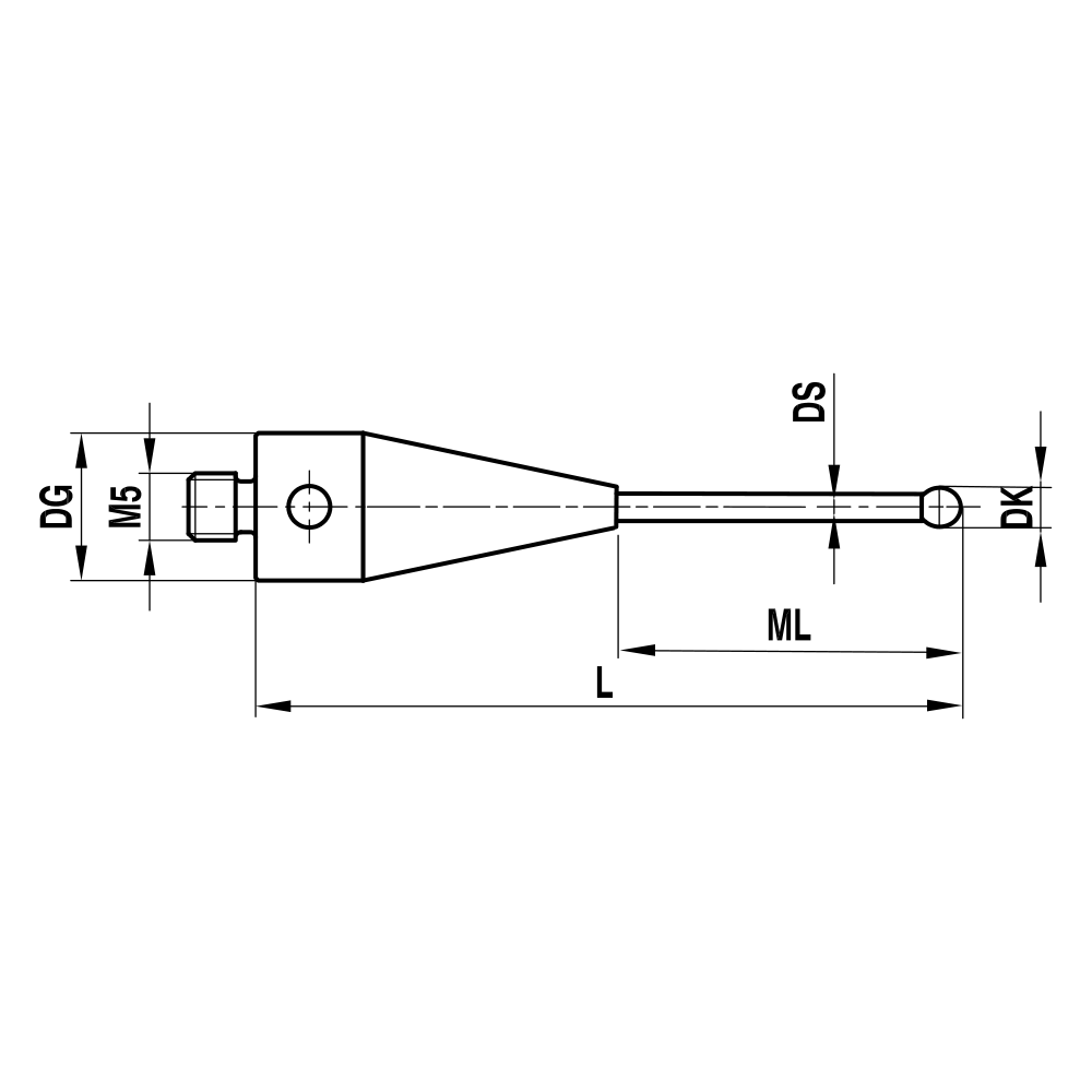 ITP Straight Styli - Type A - Ruby Ball - M5 Thread x 41.25mm Overall Length - THM502510041