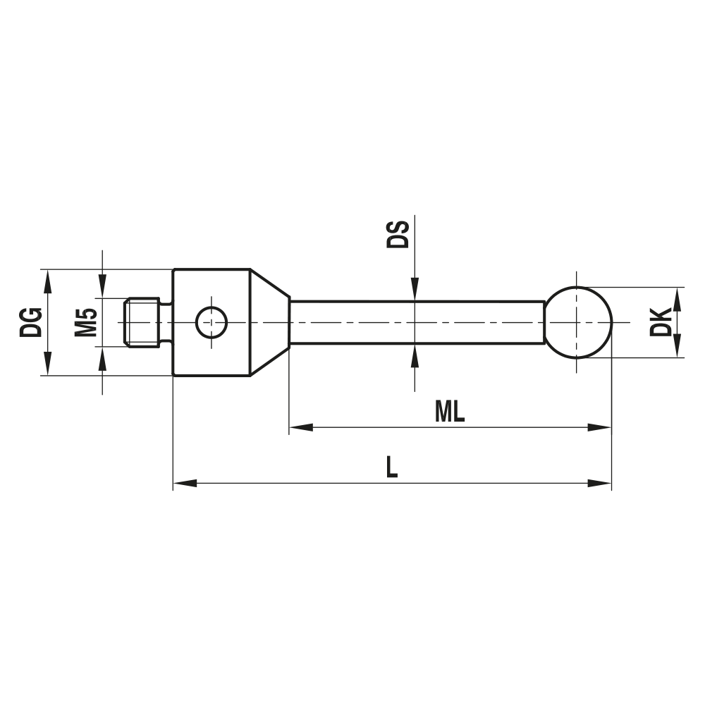ITP Straight Styli - Type A - Ceramic Ball - M5 Thread x 200mm Overall Length - THM515011200