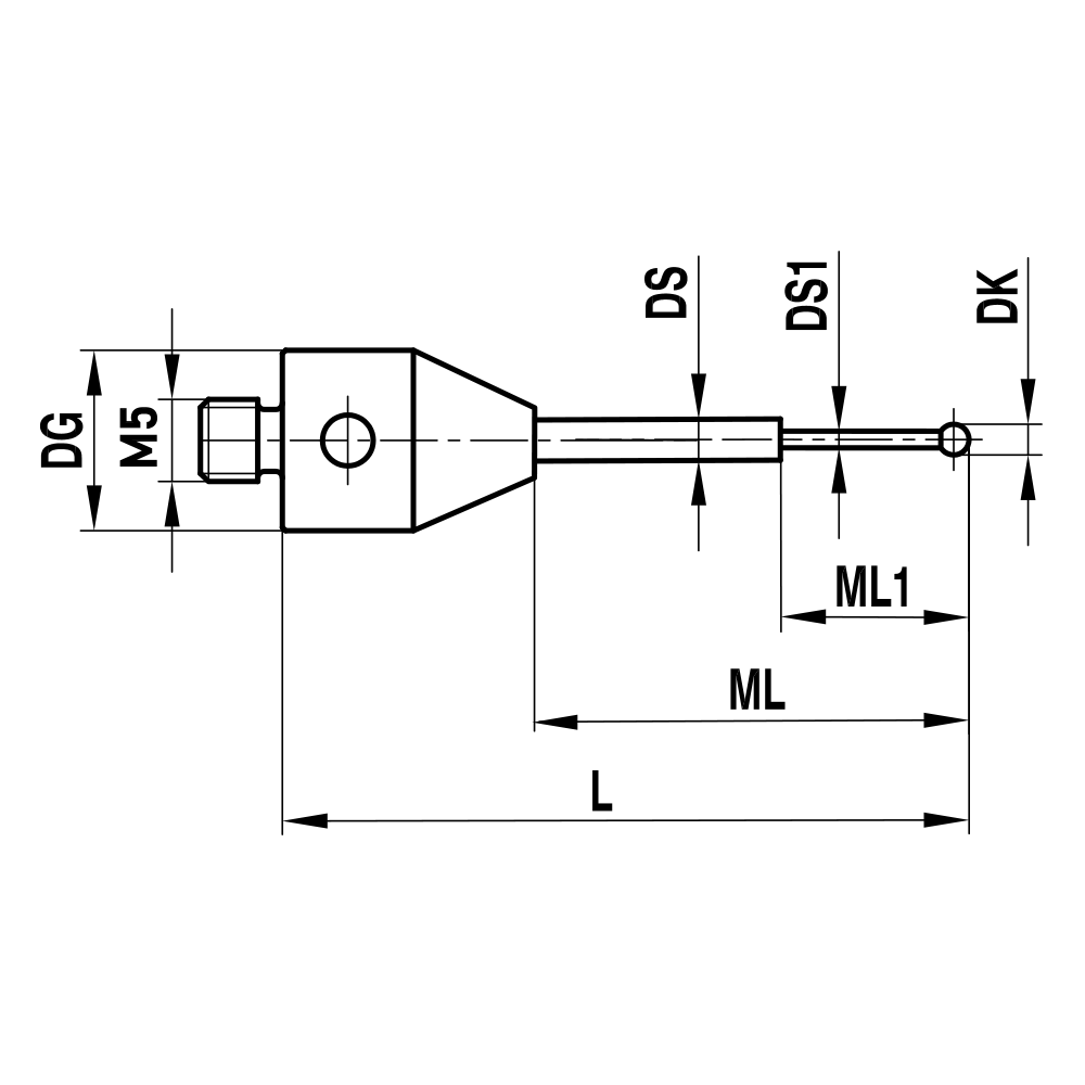 ITP Straight Styli - Type B - Diamond Coated Ball - M5 Thread x 30mm Overall Length - THM5DC1011030