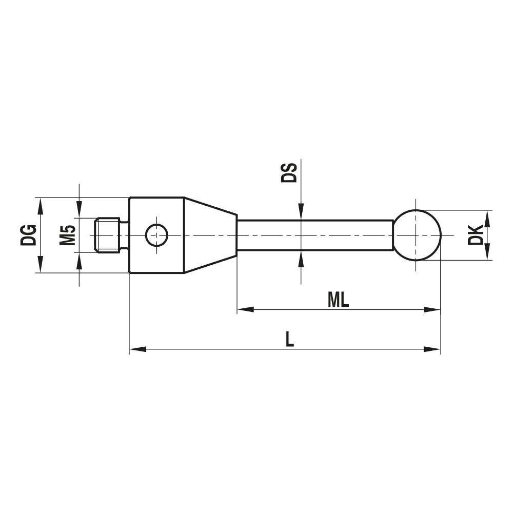 ITP Straight Styli - Type A - Diamond Coated Ball - M5 Thread x 64mm Overall Length - THM5DC4011064