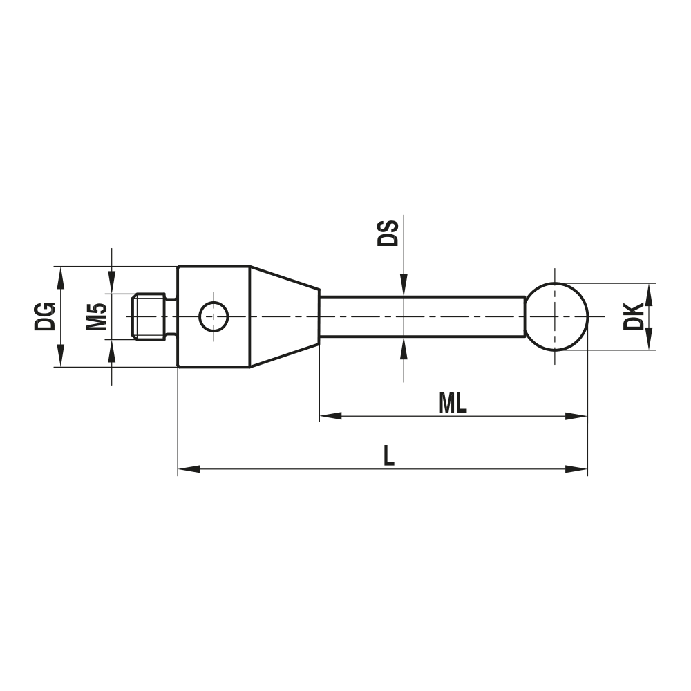 ITP Straight Styli - Type A - Diamond Coated Ball - M5 Thread x 63.5mm Overall Length - THM5DC8011063