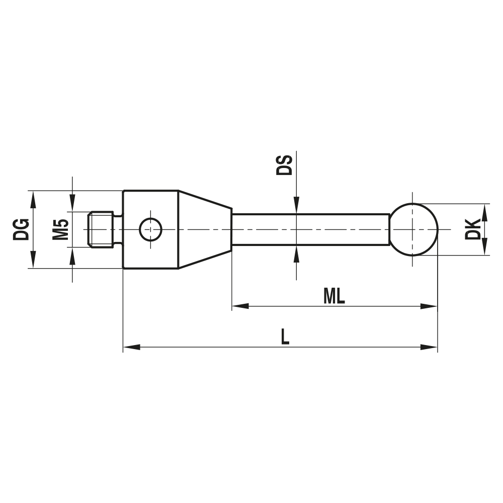 ITP Straight Styli - Type A - Carbide Ball - M5 Thread x 105mm Overall Length - THM5H5011105