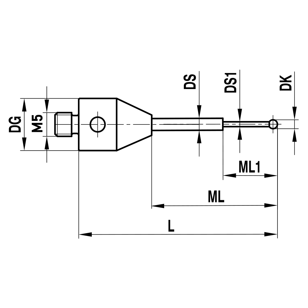 ITP Straight Styli - Type B - Silicon Nitride Ball - M5 Thread x 30mm Overall Length - THM5S1011030