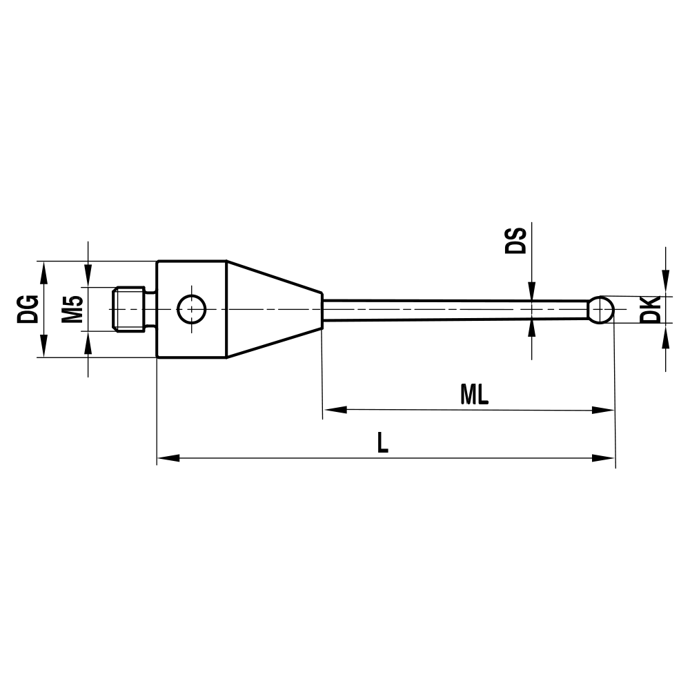 ITP Straight Styli - Type A - Silicon Nitride Ball - M5 Thread x 40.75mm Overall Length - THM5S1512040