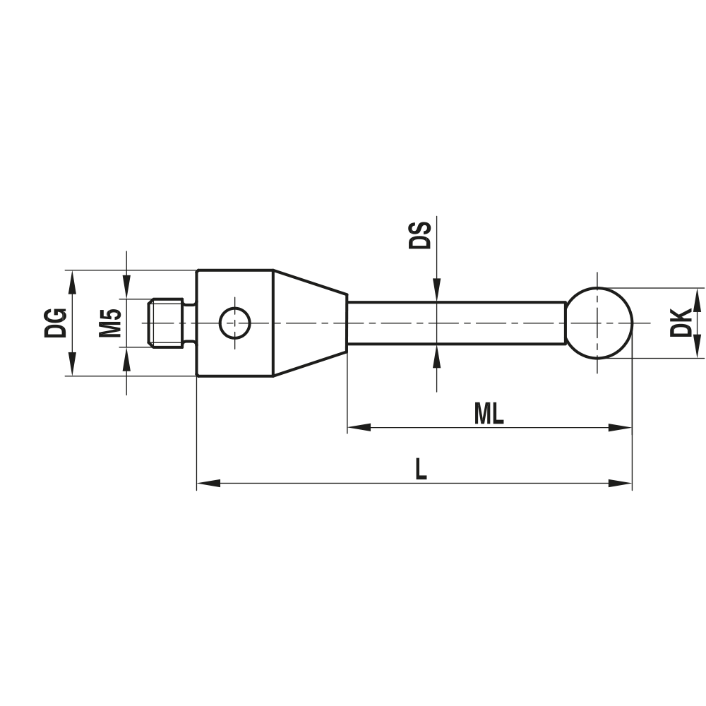 ITP Straight Styli - Type A - Silicon Nitride Ball - M5 Thread x 25mm Overall Length - THM5S3011025