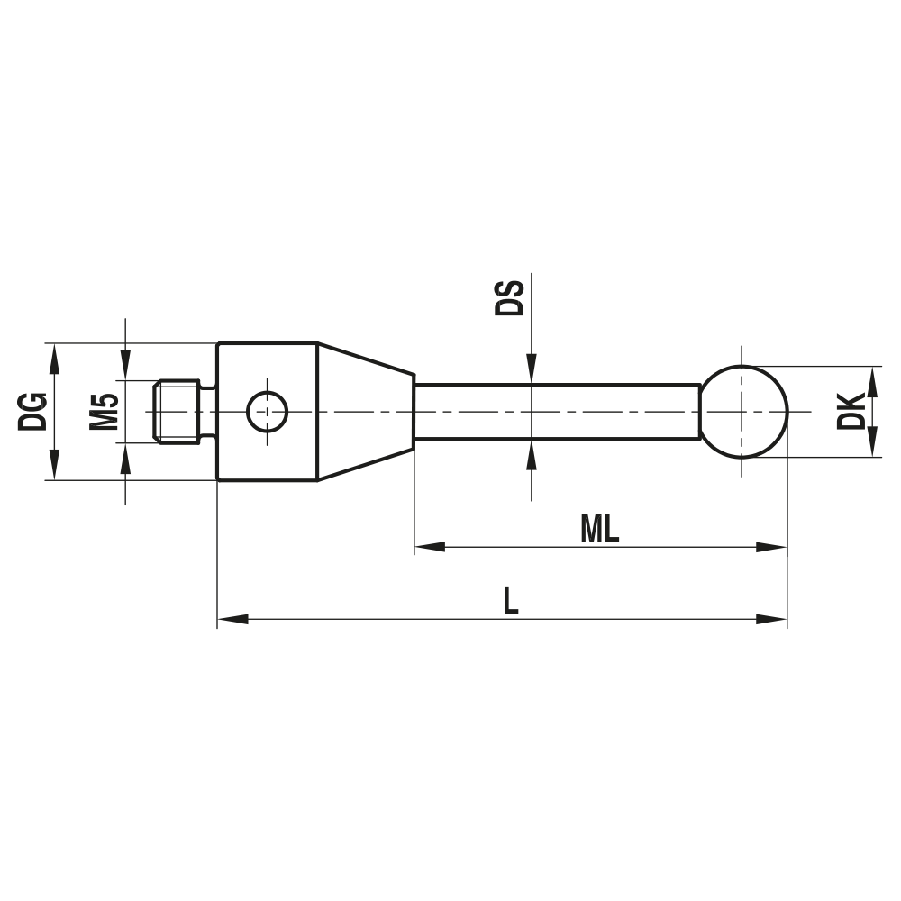 ITP Straight Styli - Type A - Silicon Nitride Ball - M5 Thread x 75mm Overall Length - THM5S5011075