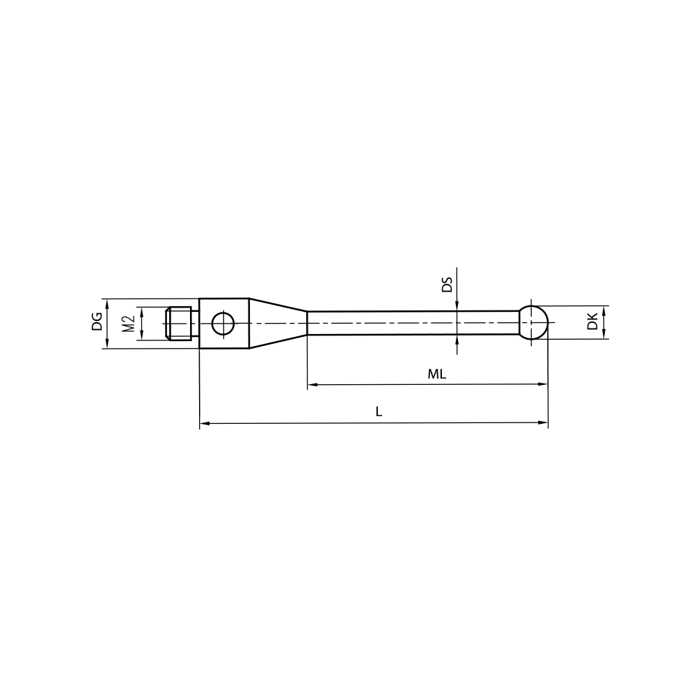 ITP Straight Styli - Type A - Silicon Nitride Ball - M2 Thread x 15mm Overall Length - TIM2S8003015