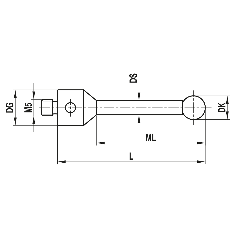 ITP Straight Styli - Type A - Silicon Nitride Ball - M5 Thread x 75mm Overall Length - TIM5S8011075
