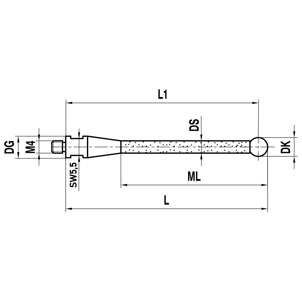 ITP Straight Styli - Type A - Ruby Ball - M4 Thread x 73.5mm Overall Length - TKM407007070