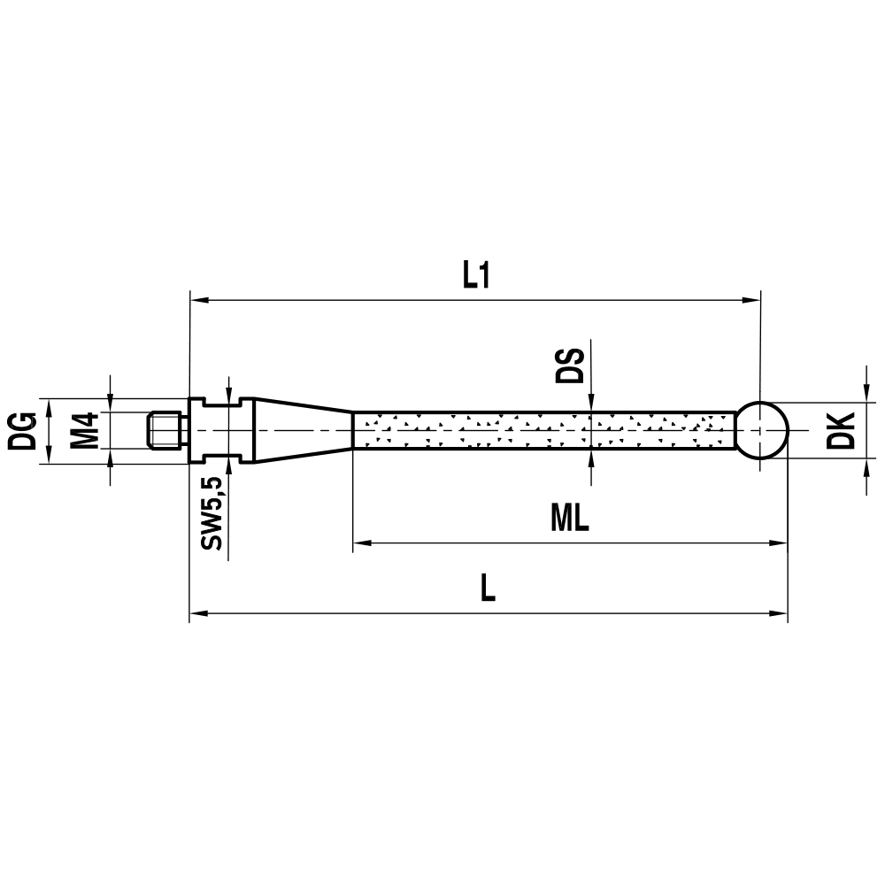 ITP Straight Styli - Type A - Ruby Ball - M4 Thread x 105mm Overall Length - TKM410007100