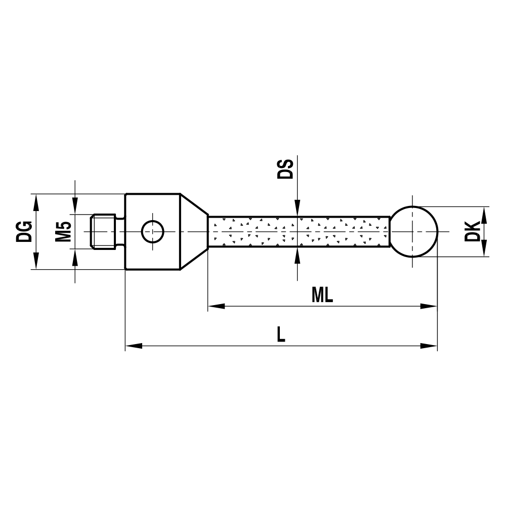 ITP Straight Styli - Type A - Ruby Ball - M5 Thread x 114.5mm Overall Length - TKM508019114