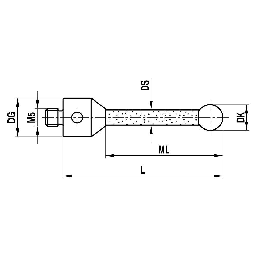 ITP Straight Styli - Type A - Silicon Nitride Ball - M5 Thread x 54mm Overall Length - TKM5S6011054