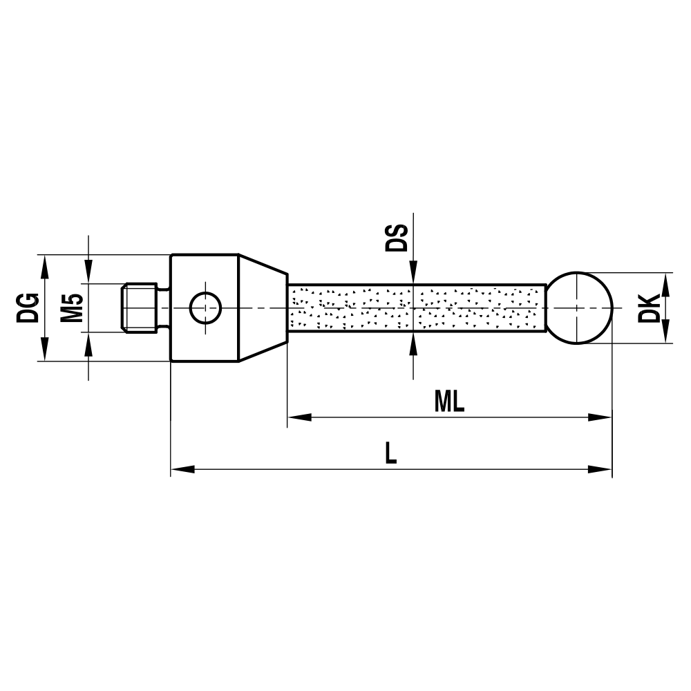 ITP Straight Styli - Type A - Silicon Nitride Ball - M5 Thread x 129mm Overall Length - TKM5S8012125