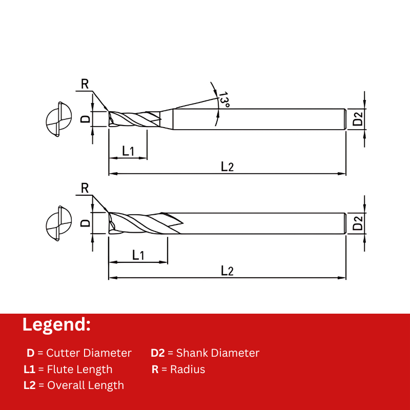 Widin Carbide Radius End Mill - 2 Flute Long Shank - 3mm x 0.3mm (6mm Shank)
