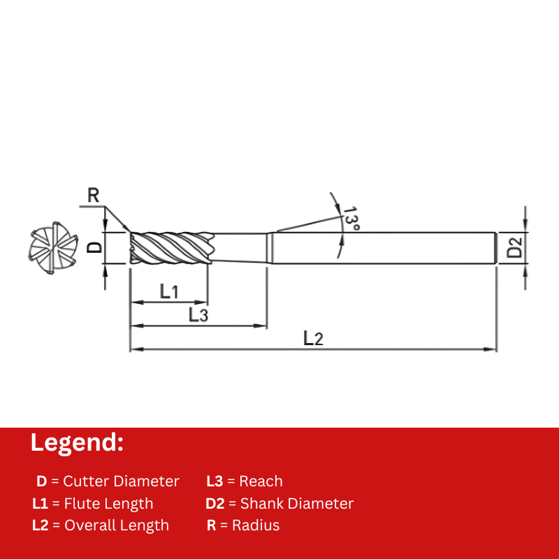 Widin Carbide Corner Radius End Mill - 6 Flute Neck Type - 10mm x 30mm x R0.5