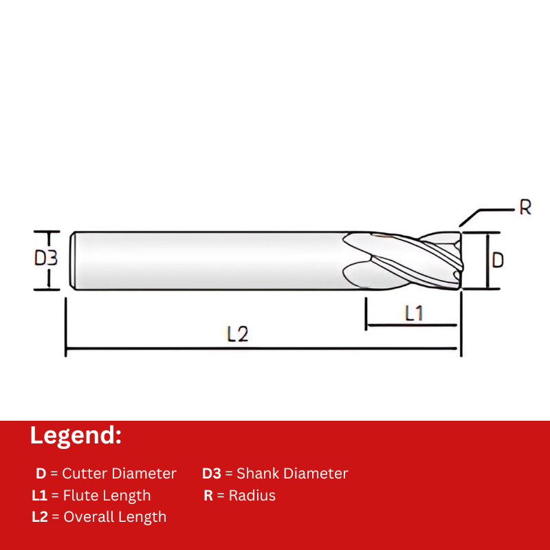 Widin Carbide Corner Radius End Mill - 4 Flute Long Shank - 3mm x R0.3