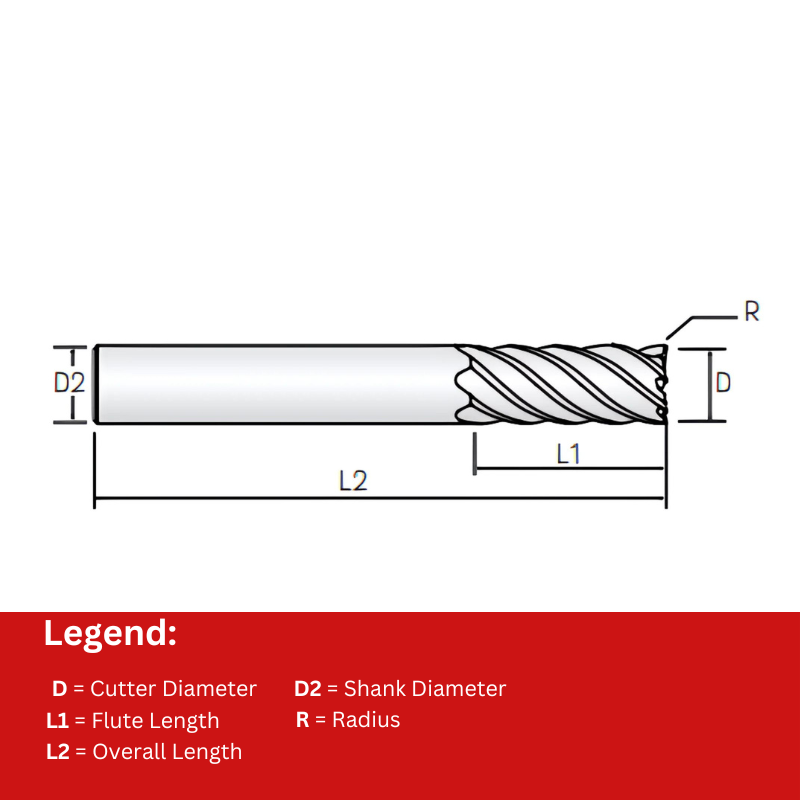 Widin Carbide Corner Radius End Mill - 6 Flute 45° Helix Long Shank - 8mm x R0.5