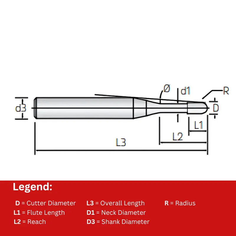 Vortex Long Neck Ball Nose 2 Flute Carbide End Mill - TiSiN Coated - 0.4mm Cutter Dia x 2mm Reach