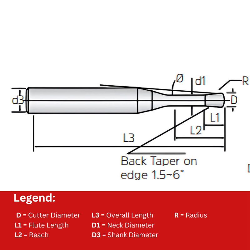 Widin Carbide Corner Radius End Mill - 2 Flute Long Neck Back Draft Type - 3mm x16mm x R0.5