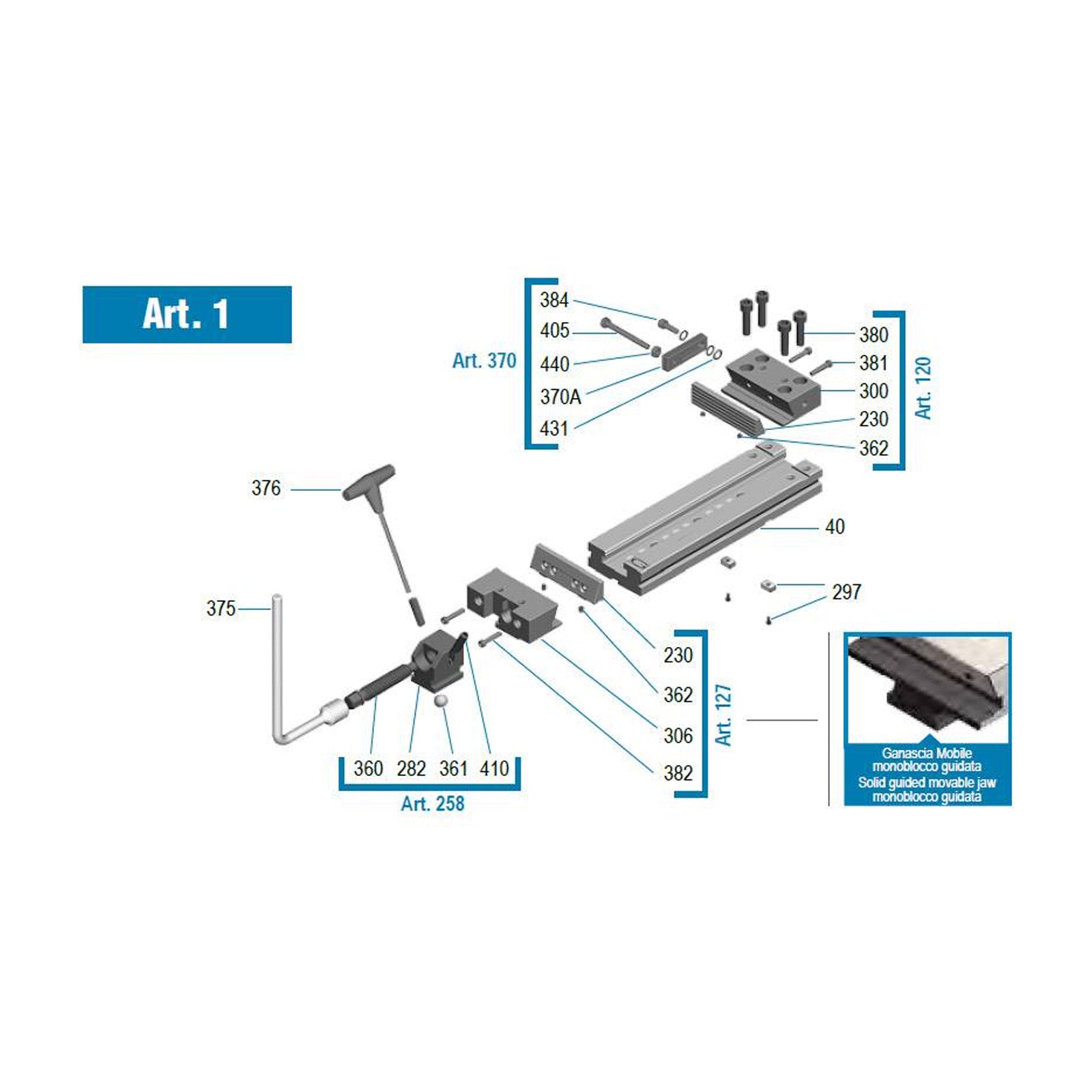 200mm / 8" ART1 Standard Series Vice With Pull Down Grooved Jaws (Gerardi) - 3.05.20000