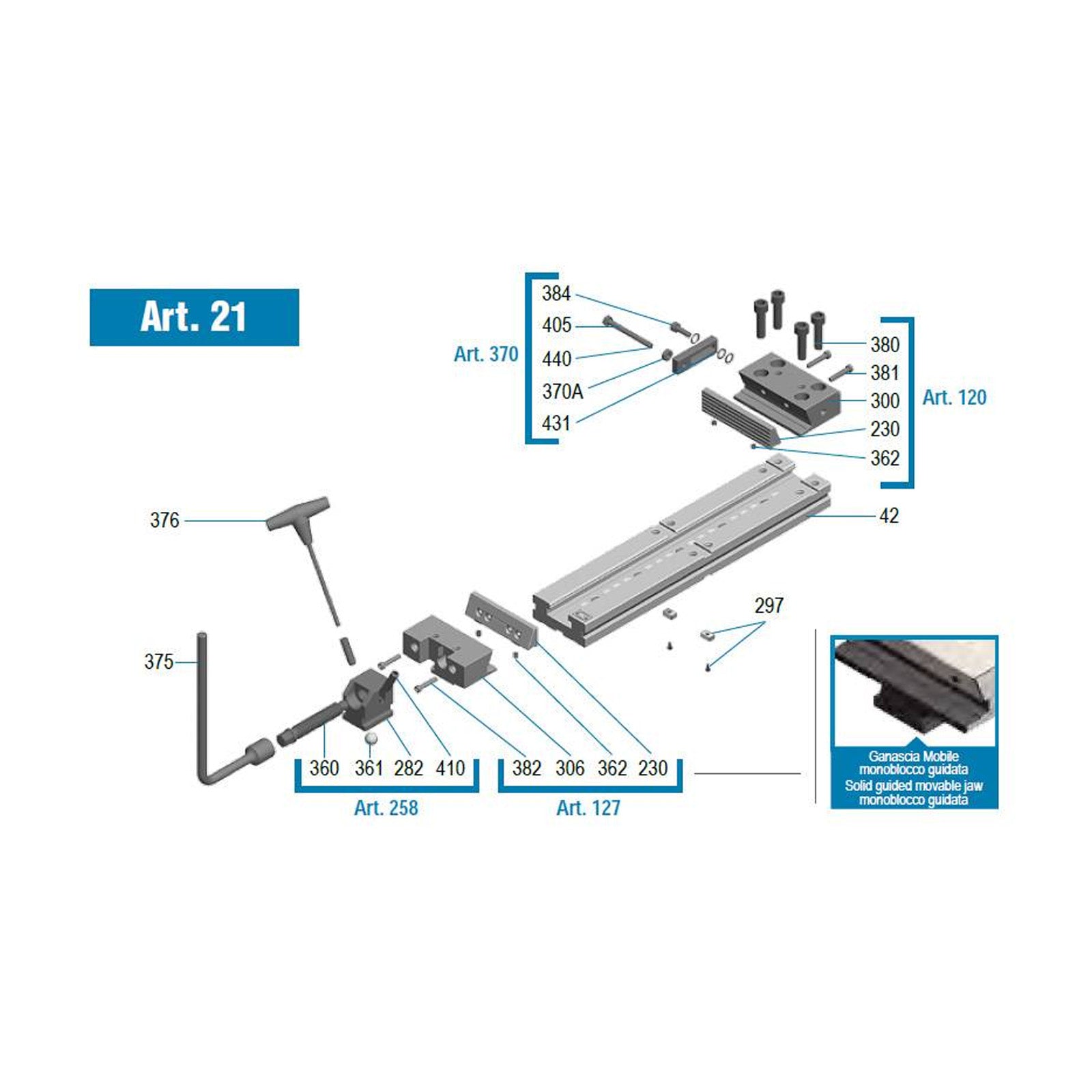 200mm / 8" ART21 Standard Series Vice (XL) With Pull Down Grooved Jaws (Gerardi) - 2.21.59000