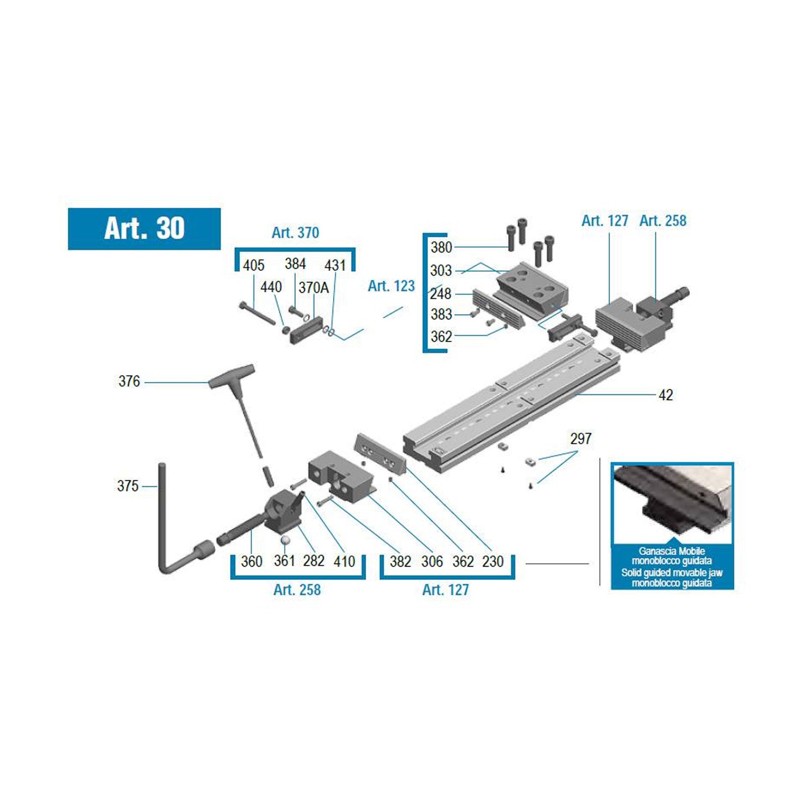 150mm / 6" ART30 Standard Series Vice (XL Double) With Pull Down Grooved Jaws (Gerardi) - 3.33.30600