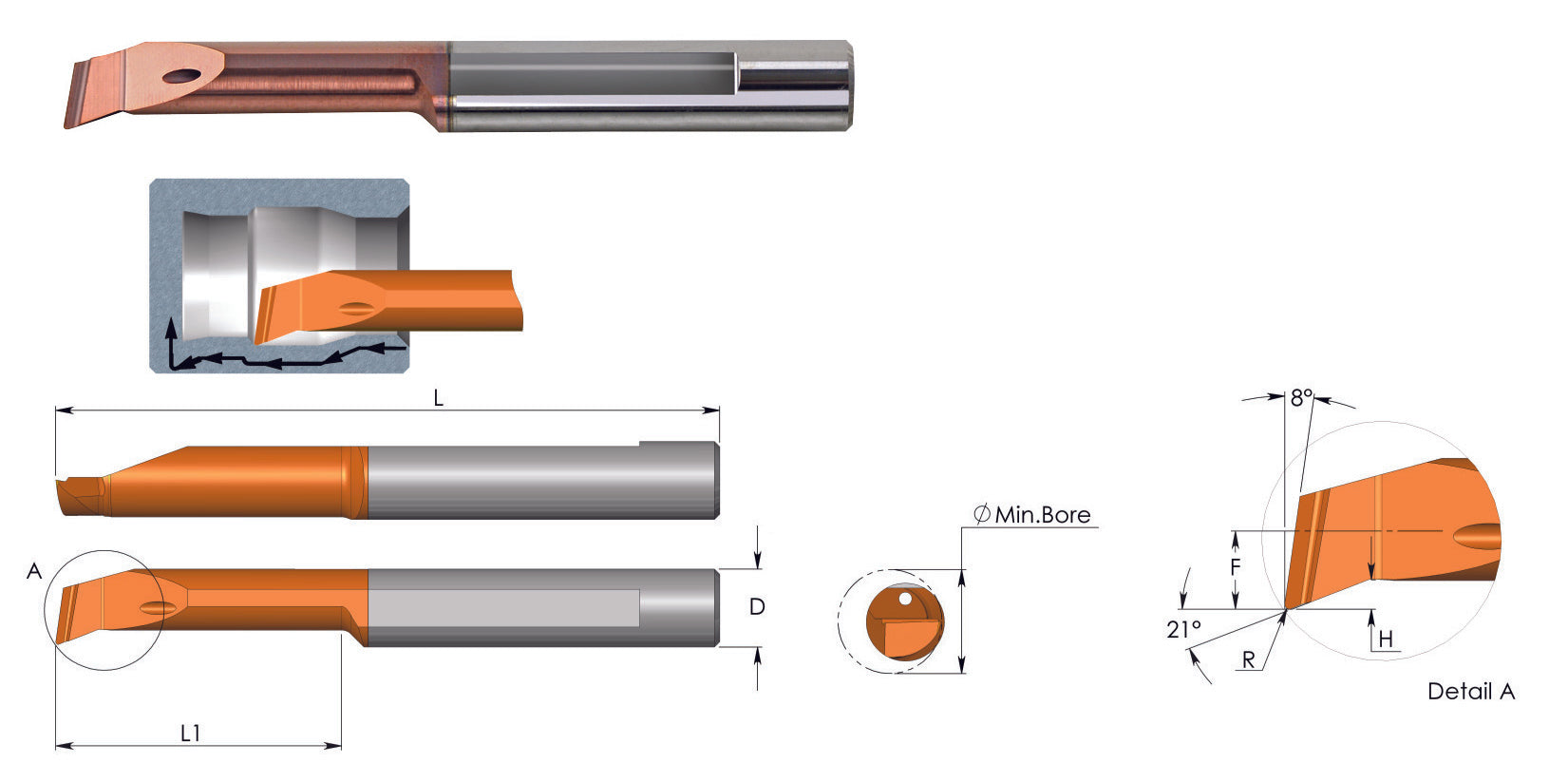 Carmex Carbide Tiny Tool - Profiling and Boring with Advanced Chip Breaker - CBR - TNX Grade - 5.1mm Minimum Diameter x 2.2mm Reach x R0.8