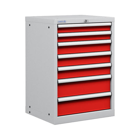 Polstore Cabinet - 7 Drawers 27x27EH - 100% Extension - Light Grey/Red - 564mm(W) x 572mm(D) x 850mm(H)