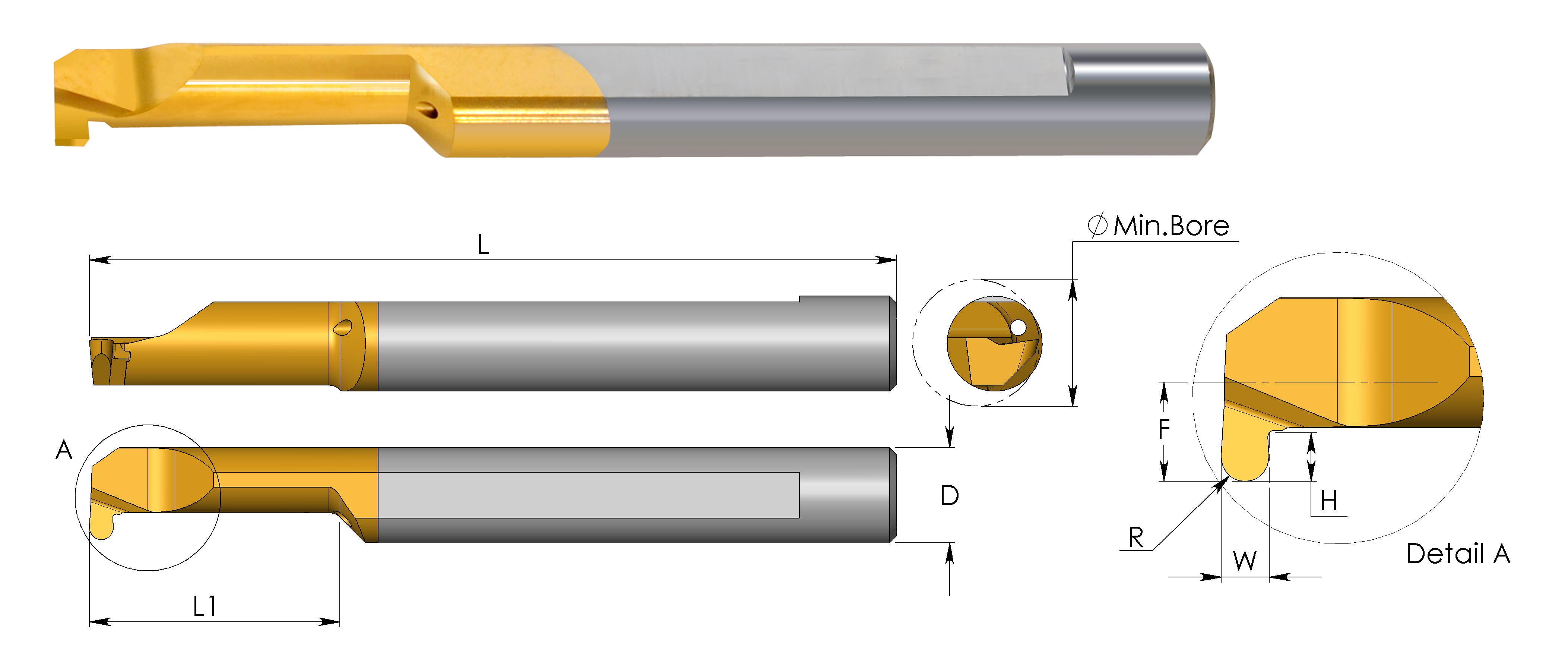 Carmex Carbide Tiny Tool - Full Radius Grooving - MKR - BXC Grade - 6.1mm Minimum Diameter x 1mm Groove Width - 15mm Reach