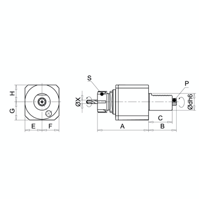 Omega Products Axial Tool Head - Square - DIN5482 - ER25