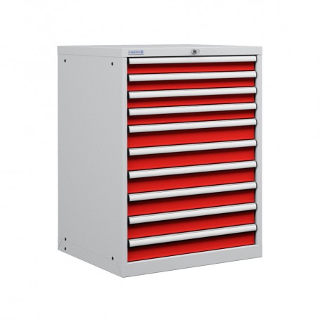Polstore Cabinet - 10 Drawers 36x36EH - 100% Extension - Light Grey/Red - 717mm(W) x 725mm(D) x 1000mm(H)