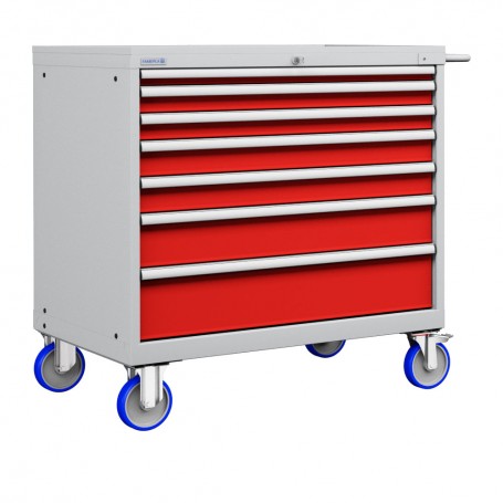 Polstore Mobile Cabinet - 7 Drawers 54x36EH - 100% Extension - Light Grey/Red - 1108mm(W) x 733mm(D) x 1040mm(H)