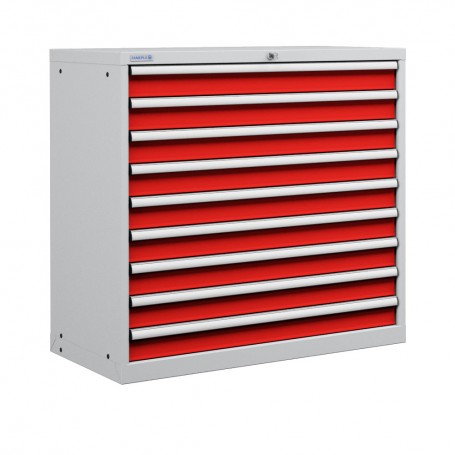 Polstore Cabinet - 9 Drawers 54x27EH - 100% Extension - Light Grey/Red - 1023mm(W) x 572mm(D) x 850mm(H)