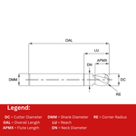 Europa Tools Carbide End Mill 2 Flute Extended Neck - Pulsar Blue - Ball Nose - 12mm x 14mm