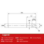 Europa Tools Carbide End Mill 4 Flute Extended Neck Short Length - Corner Radius - Pulsar Blue - 12mm x 38mm x R0.5