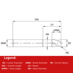 Europa Tools Carbide End Mill 4 Flute Extended Neck Stub Length - Corner Radius - Pulsar Blue - 1mm x R0.1 - 3mm Shank