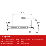 Europa Tools Carbide End Mill 2 Flute Corner Radius - Extended Neck - Pulsar DMX - 0.3mm x R0.02