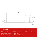 Europa Tools Carbide End Mill 4 Flute High Feed Long Length - Pulsar Blue - Corner Radius - 10mm x R1.0