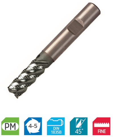 Europa Tools Powder Metal Roughing End Mill - Multi Flute Sabre Rougher - Extended Neck 45° Helix Fine Pitch - 20mm