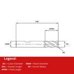 Europa Tools Carbide End Mill 4 Flute - Corner Radius - Standard Length - Plain Shank - HX2 - 3mm x R0.3