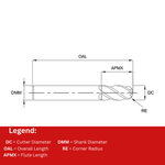 Europa Tools Carbide End Mill 4 Flute Ball Nose - Standard Length - Mastermill VX - 4mm