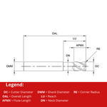 Europa Tools Carbide End Mill 4 Flute Corner Radius - Long Length Necked - Mastermill VX - 12mm x R0.5 x 40mm