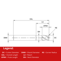 Europa Tools Carbide End Mill 4 Flute Corner Radius - Long Length Necked - Mastermill VX - 3mm x R0.3 x 12mm thumbnail 2