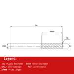 Europa Tools Carbide End Mill 6 Flute Corner Radius - Long Length - Mastermill VX6 - 12mm x R1.5