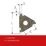 Technical drawing of a metal cutting insert with dimensions labeled on a white background.