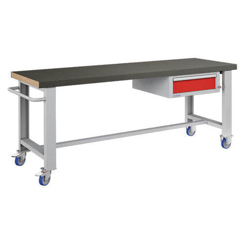 Polstore Standard Mobile Workbench - 1 Draw & Rubber Cover - Light Grey/Red - 2065mm(W) x 750mm(D) x 908mm(H)