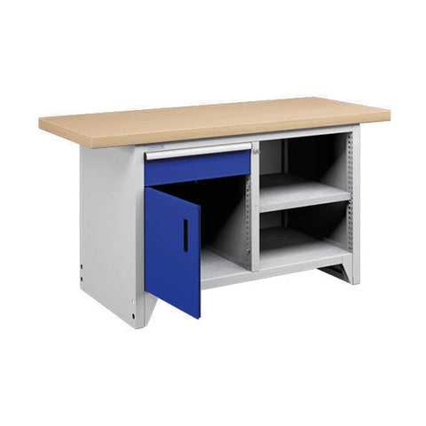 Polstore Modular Workbench With 1 Door, 1 Drawer & 2 Shelves - Light Grey/Dark Blue - 1500mm (W) x 750mm (D)